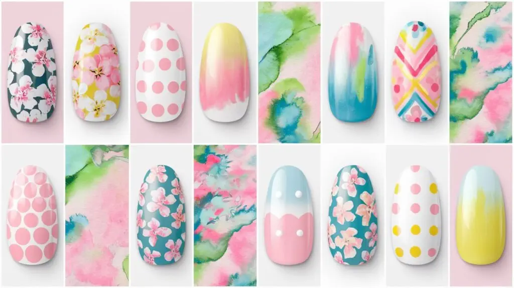 A collage of 13 spring nail art designs. The first row has a floral design with pink and white flowers. The second row has a pastel gradient with pink, blue, and yellow hues. The third row has a watercolor effect with pink, blue, and green shades. The fourth row has a polka dot design with pink and white dots. The fifth row has a stripe design with pink, blue, and yellow stripes. The sixth row has a geometric design with pink, blue, and yellow triangles. The seventh row has a floral design with pink and white flowers. The eighth row has a pastel gradient with pink, blue, and yellow hues. The ninth row has a watercolor effect with pink, blue, and green shades. The tenth row has a polka dot design with pink and white dots. The eleventh row has a stripe design with pink, blue, and yellow stripes. The twelfth row has a geometric design with