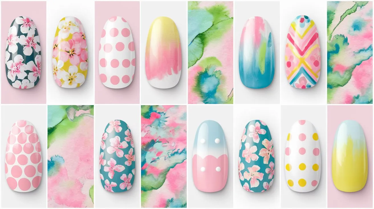 A collage of 13 spring nail art designs. The first row has a floral design with pink and white flowers. The second row has a pastel gradient with pink, blue, and yellow hues. The third row has a watercolor effect with pink, blue, and green shades. The fourth row has a polka dot design with pink and white dots. The fifth row has a stripe design with pink, blue, and yellow stripes. The sixth row has a geometric design with pink, blue, and yellow triangles. The seventh row has a floral design with pink and white flowers. The eighth row has a pastel gradient with pink, blue, and yellow hues. The ninth row has a watercolor effect with pink, blue, and green shades. The tenth row has a polka dot design with pink and white dots. The eleventh row has a stripe design with pink, blue, and yellow stripes. The twelfth row has a geometric design with