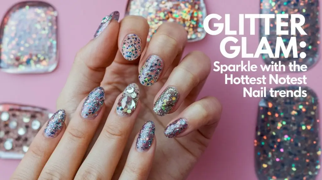 A photo of a hand with nails covered in glitter and glam. The nails have a variety of shapes and sizes, with some having small glitter particles and others having larger glitter particles. There are also some nails with sparkles and rhinestones. The background is a pink wall with the text 