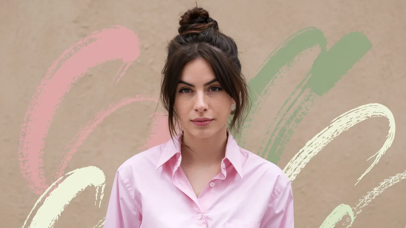 A photo of a woman with dark hair wearing a pink shirt. She has a top knot hairstyle. The background is a beige wall. There are flourishes of pink, green, and white paint on the wall.