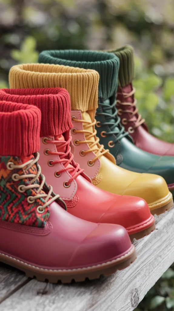 A photo of colorful knit-cuffed boots. There are four boots in total, with each boot having a unique color and pattern. The colors range from bright red, orange, yellow, and green. The knit cuffs on the boots have a matching color to the boots. The boots are placed on a wooden surface. The background is blurred and consists of greenery.