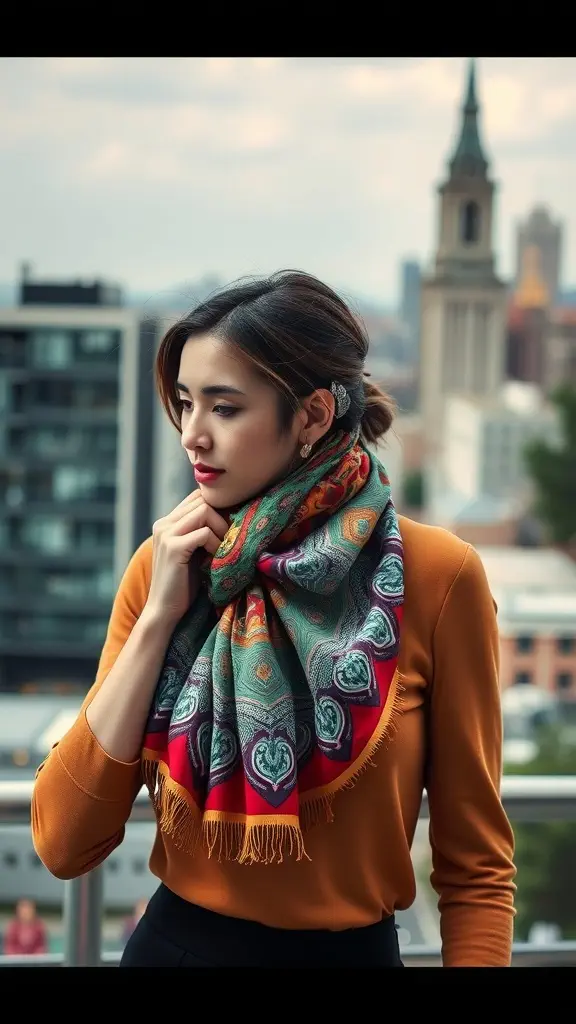 Woman wearing a colorful scarf and a fitted top, with a city skyline in the background.