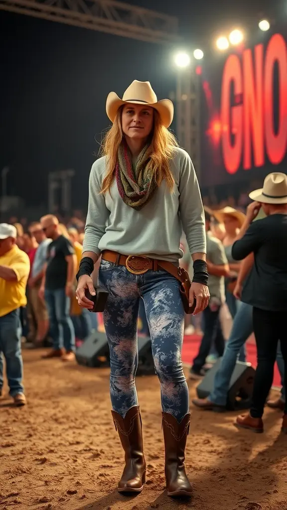 A woman wearing a cowboy hat, sweater, patterned leggings, and cowboy boots at a concert.