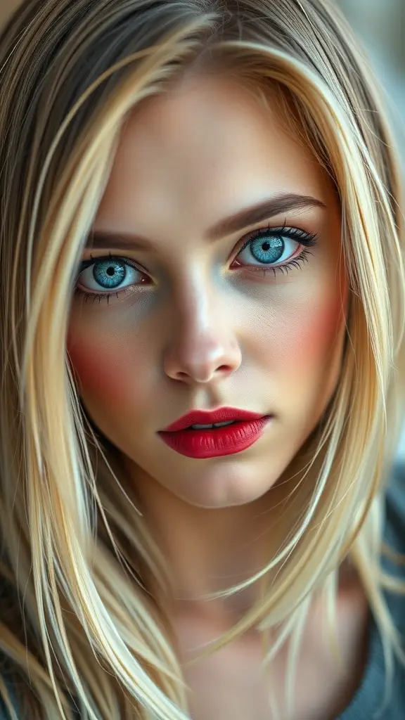 A close-up of a woman with blue eyes and blonde hair, showcasing berry-toned lip and cheek makeup.