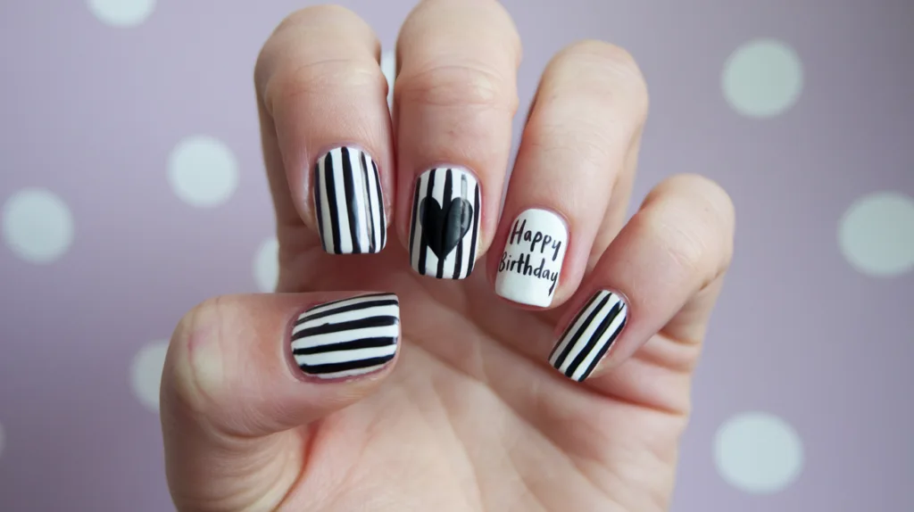 A photo of a person's hand with black and white striped nails. There is a black heart and the text 