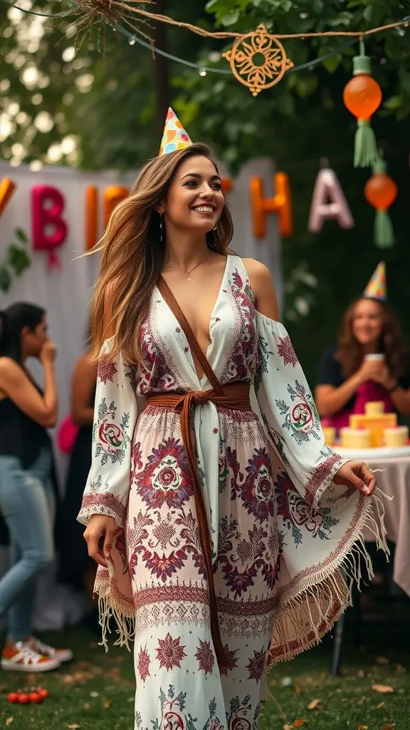 A woman wearing a bohemian-inspired dress at a birthday party, smiling and enjoying the celebration.