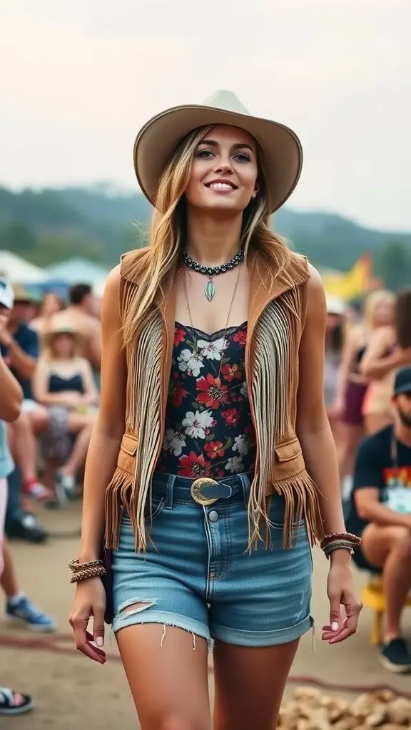 Woman wearing a fringe vest, floral top, and denim shorts at a country concert
