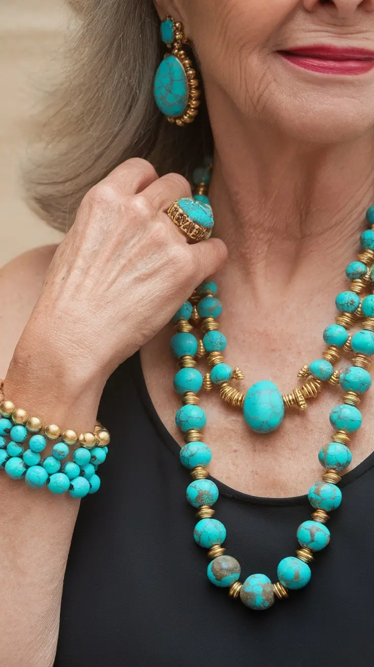 A close-up of a woman's hand wearing bold turquoise jewelry including a necklace, earrings, and a bracelet, showcasing vibrant colors and elegant design.