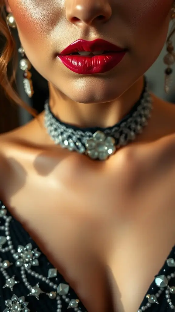 Close-up of a woman wearing bold berry lipstick, showcasing elegant jewelry and outfit details.