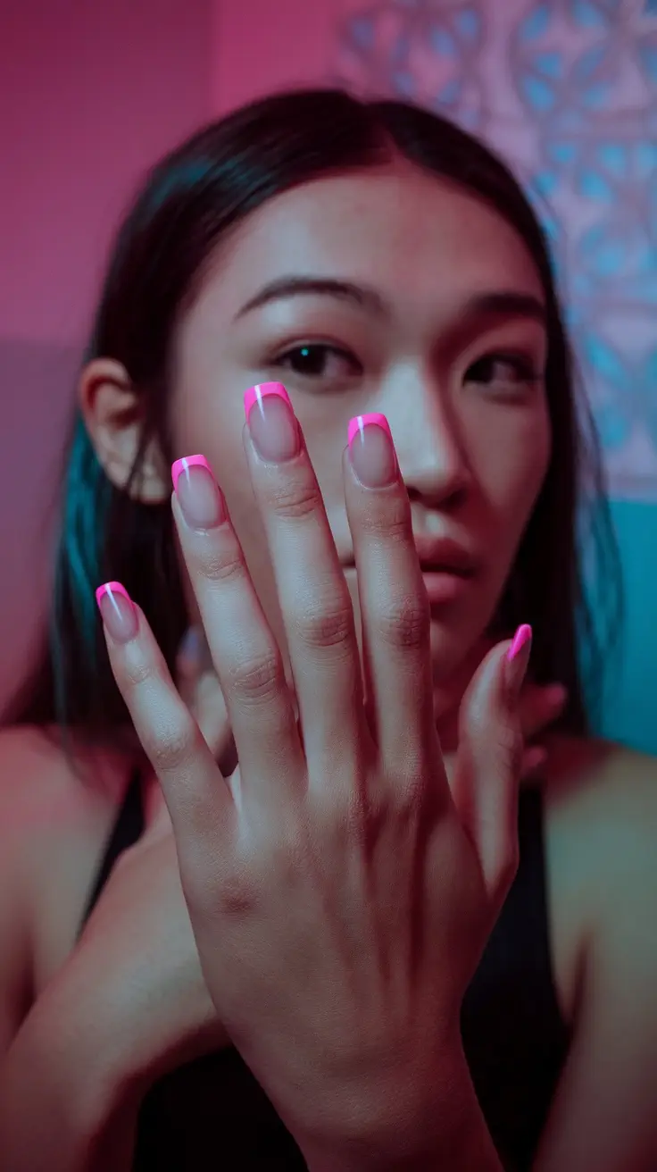 Close-up of a person's hand showing bold neon pink tipped nails in a stylish setting
