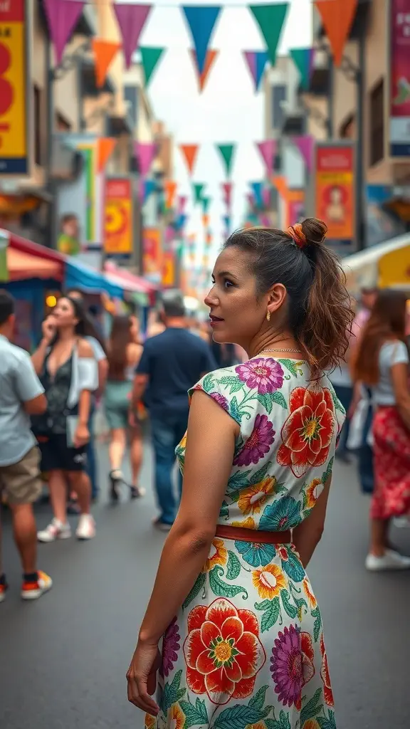 A woman in a floral dress stands in a colorful market, embodying bold fashion choices.