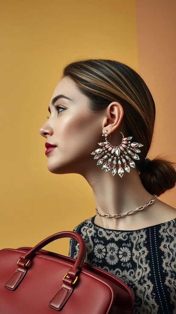 A model showcasing bold statement earrings and a chic red handbag.
