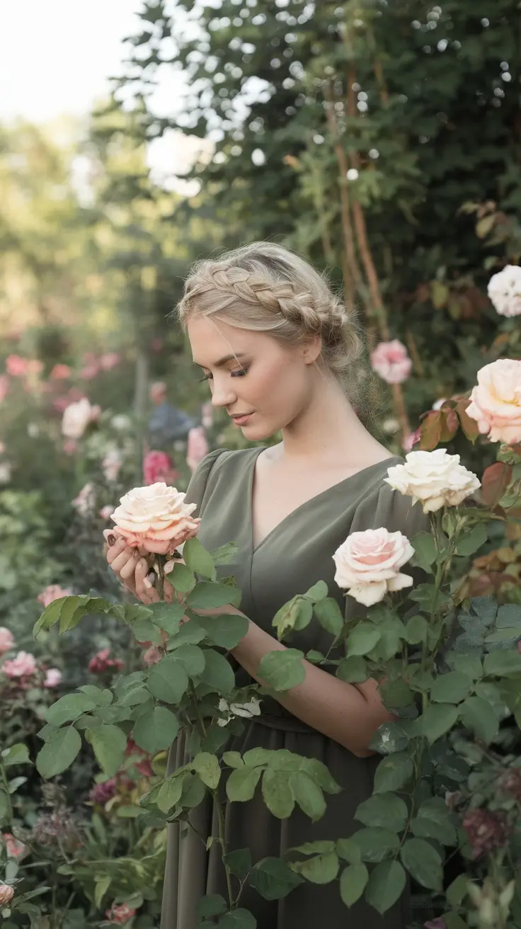 A woman with a braided crown hairstyle in a garden full of roses.