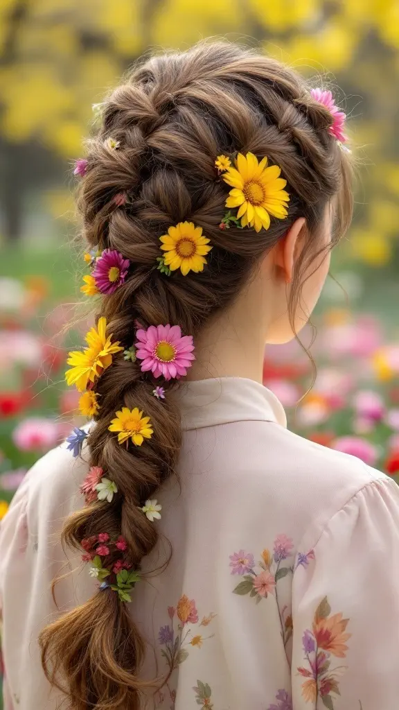 Braided ponytail adorned with colorful flowers in a vibrant garden