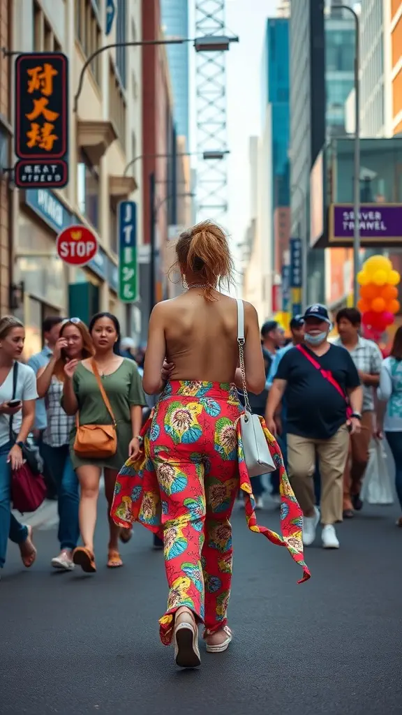 A fashionable woman wearing colorful pants walking in a busy street