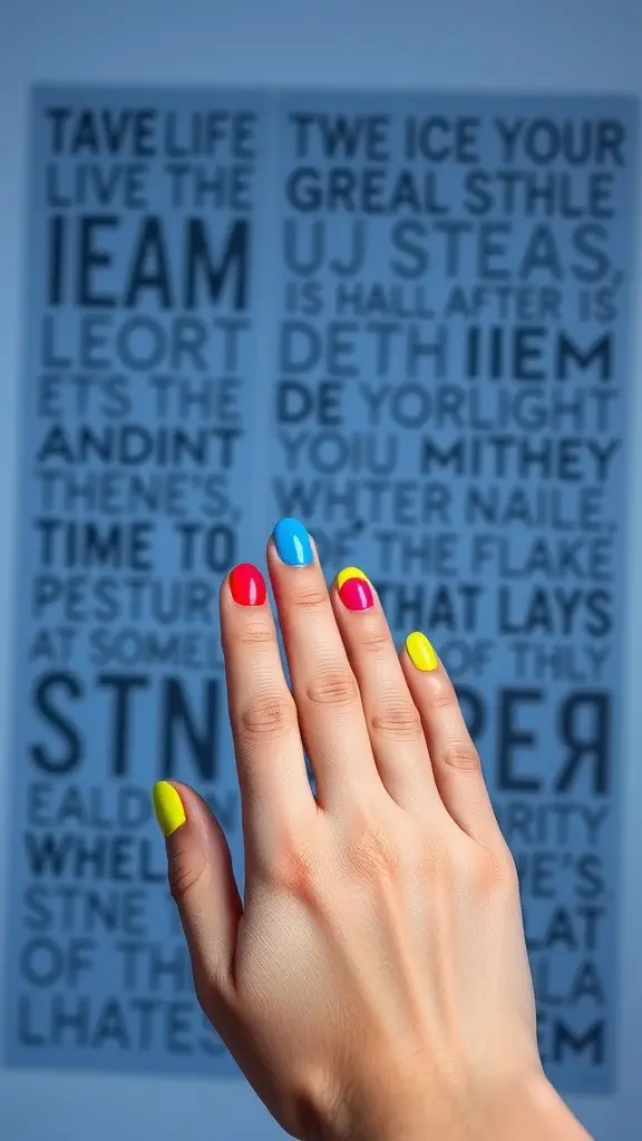 A hand with bright neon color block nails in pink, blue, and yellow.