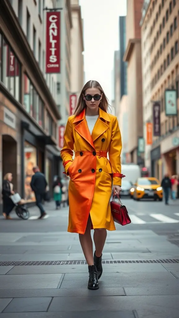 A stylish woman wearing a brightly colored yellow and orange trench coat walking in a city street.