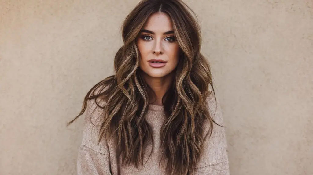 A photo of a woman with gorgeous brown hair. She has long, wavy hair and is wearing a beige sweater. The background is a beige wall. The lighting is soft.