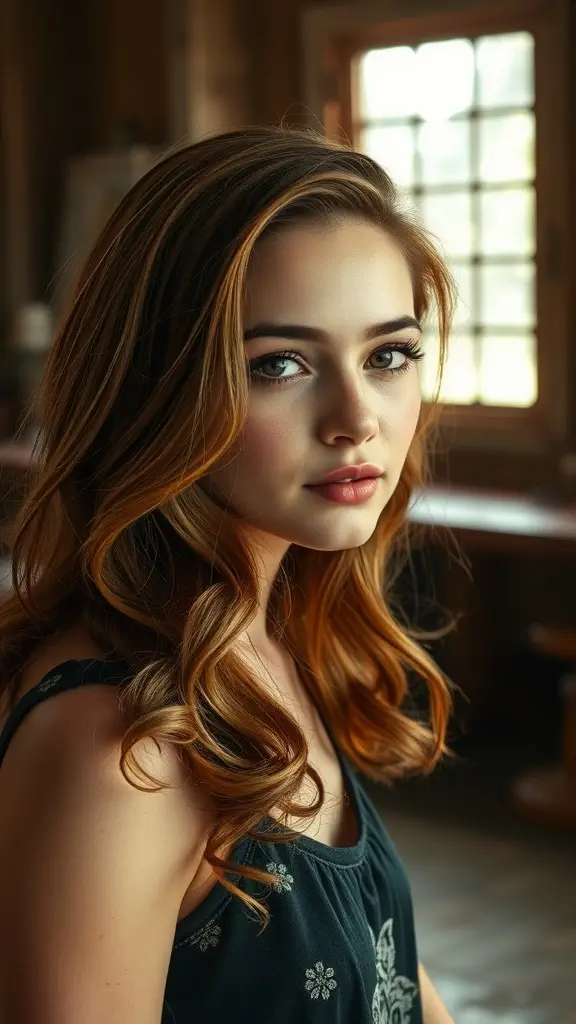 A young woman with burnt sienna hair styled in soft curls, capturing a warm and natural look.