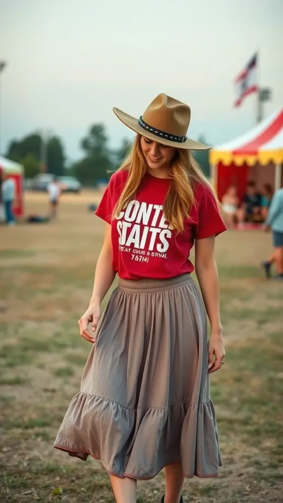 A woman in a red graphic tee and a gray midi skirt with a wide-brimmed hat, enjoying a country concert.