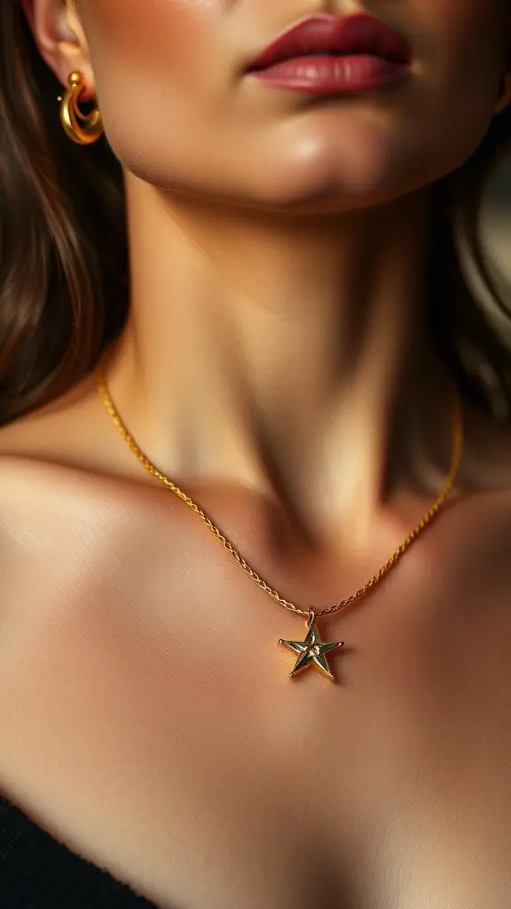 Close-up of a woman wearing a gold star pendant necklace and hoop earrings.