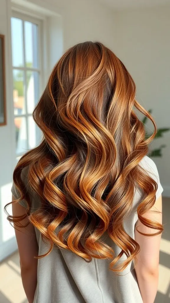 A woman with chestnut balayage hair styled in soft waves