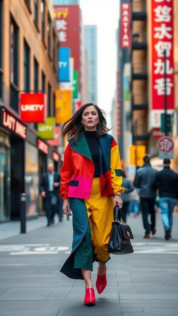 A fashionable woman in a colorful outfit walking confidently down a city street