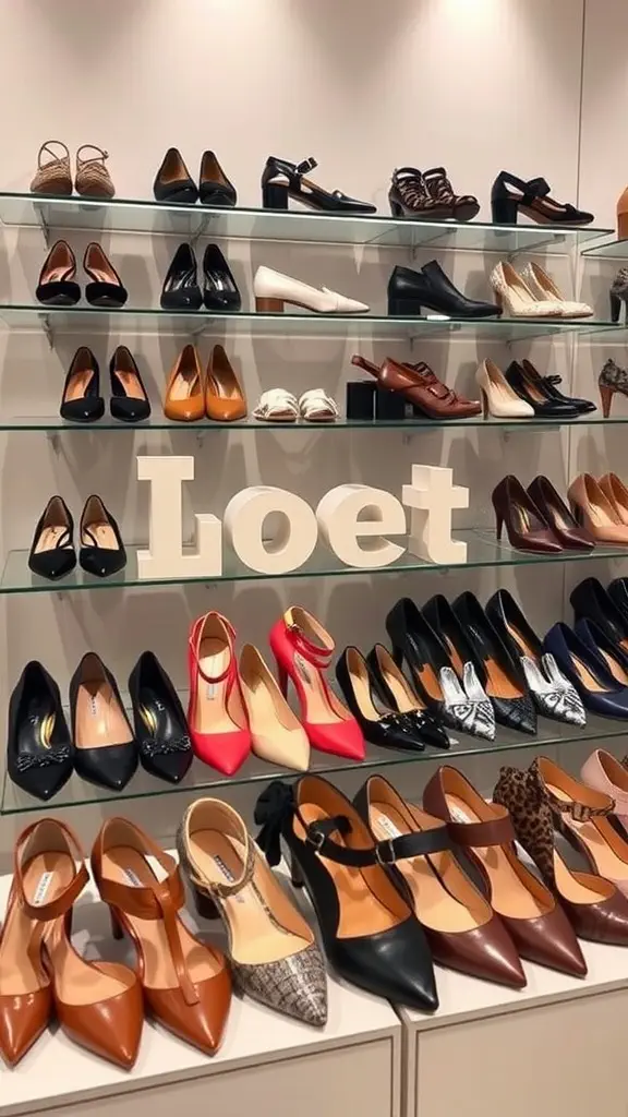 A display of various stylish shoes including heels, flats, and sandals