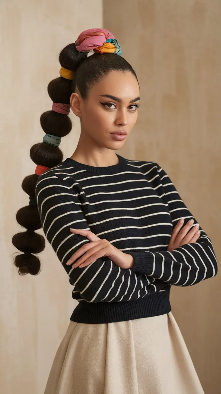 A model showcasing a chic ponytail wrapped with colorful fabric, wearing a striped sweater.