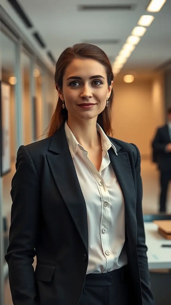 A woman in a tailored black suit with a white shirt, looking confident in a professional office setting.