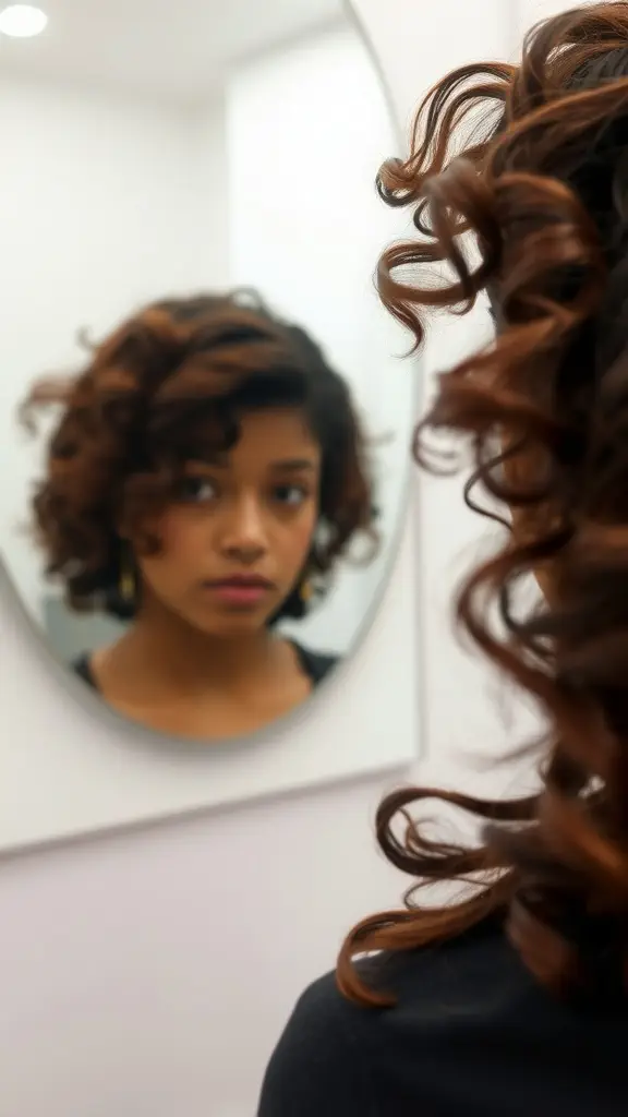 A woman with curly hair, showcasing a chocolate cherry hair color.