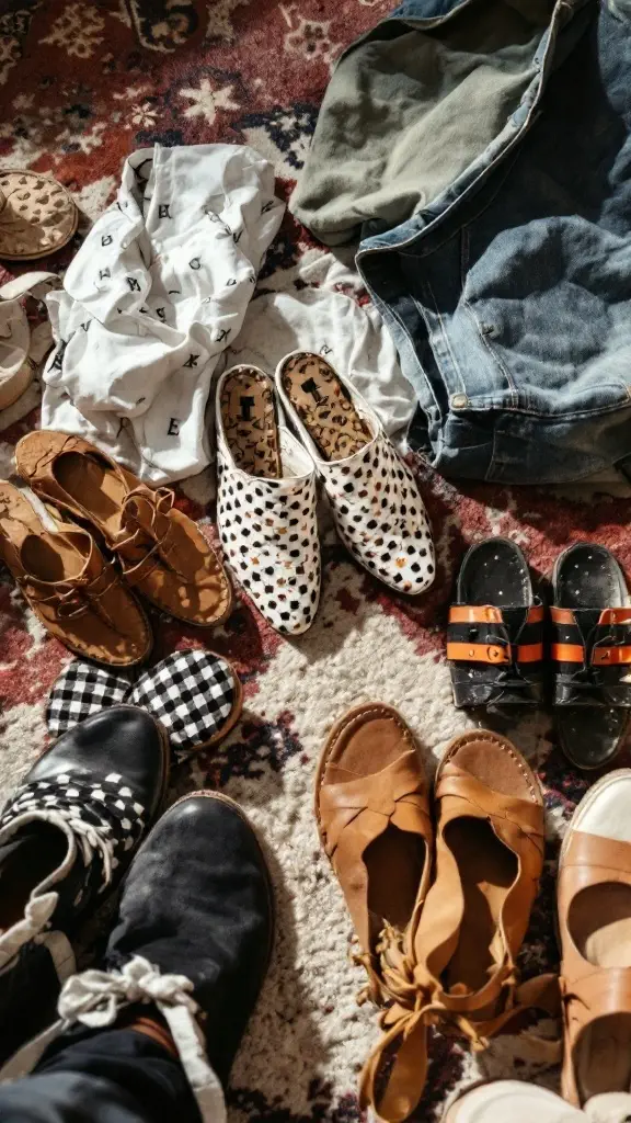 A variety of footwear options laid out on a patterned rug, including sandals, sneakers, and flats.