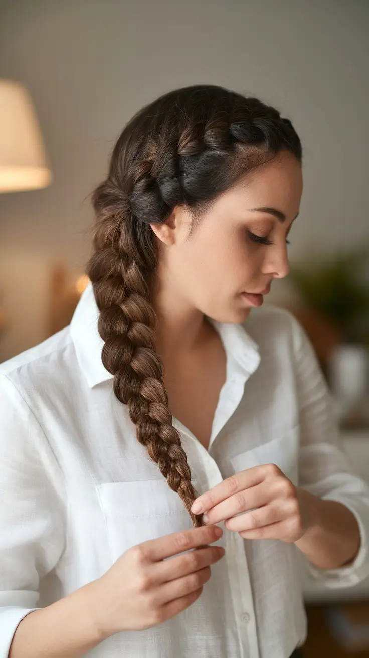 A woman with brown hair is creating a classic French braid, wearing a white shirt in a cozy indoor setting.