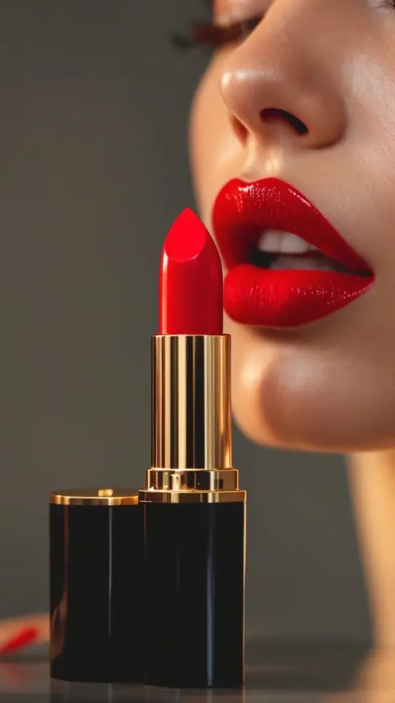 A vibrant red lipstick tube is displayed prominently, suggesting a classic and timeless beauty look.
