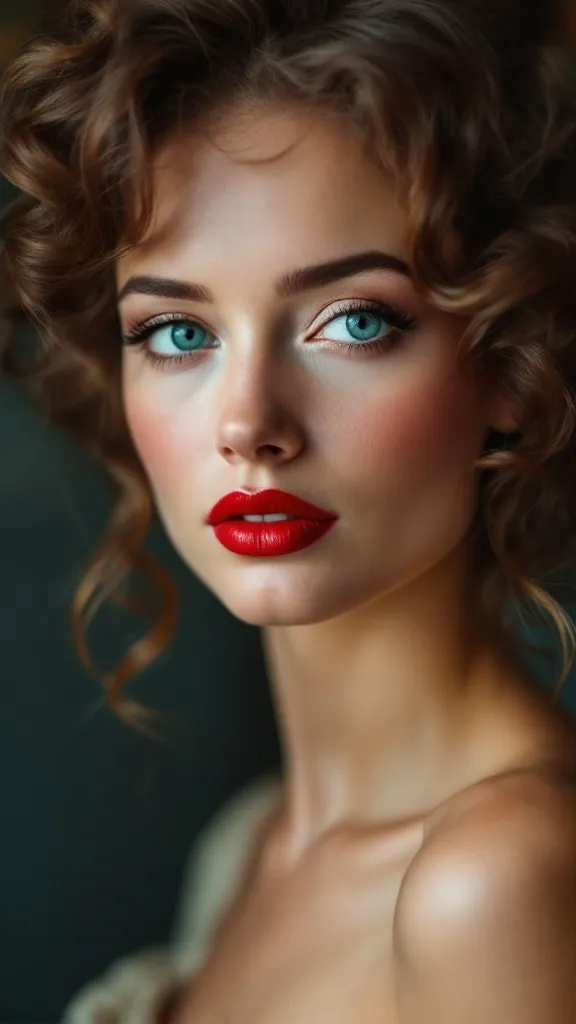 Woman with blue eyes and classic red lips, showcasing a timeless makeup look