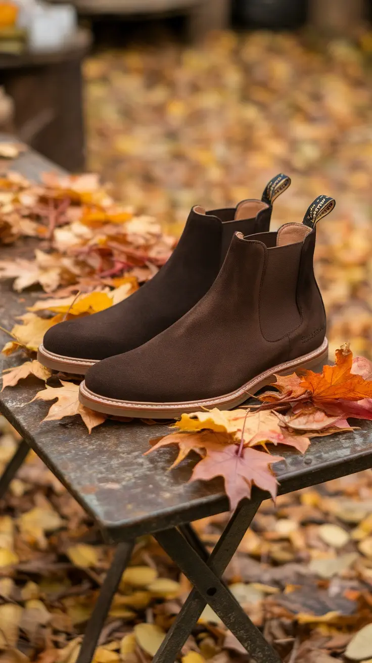 Classic suede Chelsea boots on a rustic table with autumn leaves.