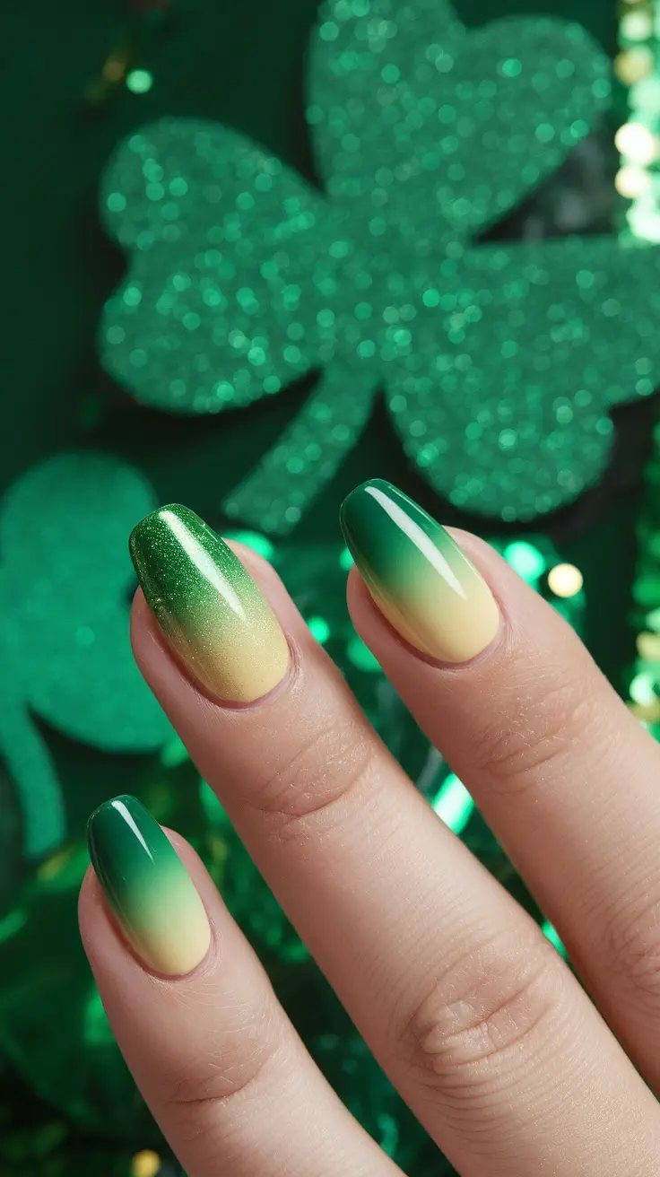 A hand with green ombre nails decorated with clovers and gold details, surrounded by festive decorations for St. Patrick's Day.