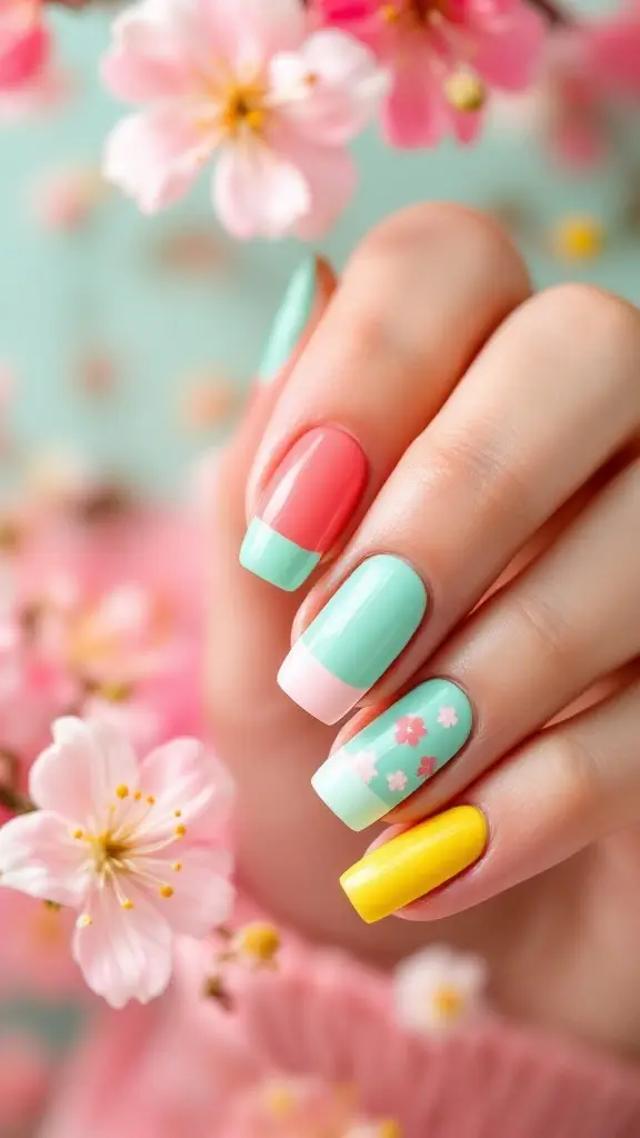 Colorful spring nail art featuring a mix of pastel colors and floral patterns.