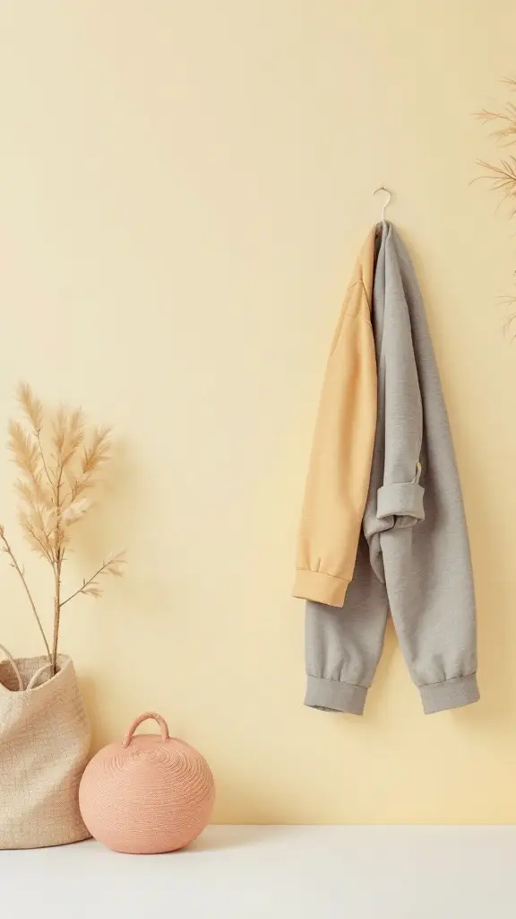 Two sweatshirts in gray and mustard yellow hanging on a wall with soft decor