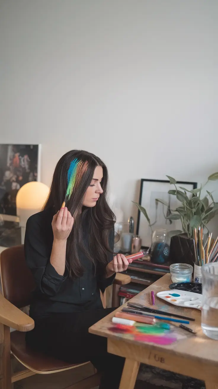 A woman applying blue and green hair chalk to her hair while seated at a desk.
