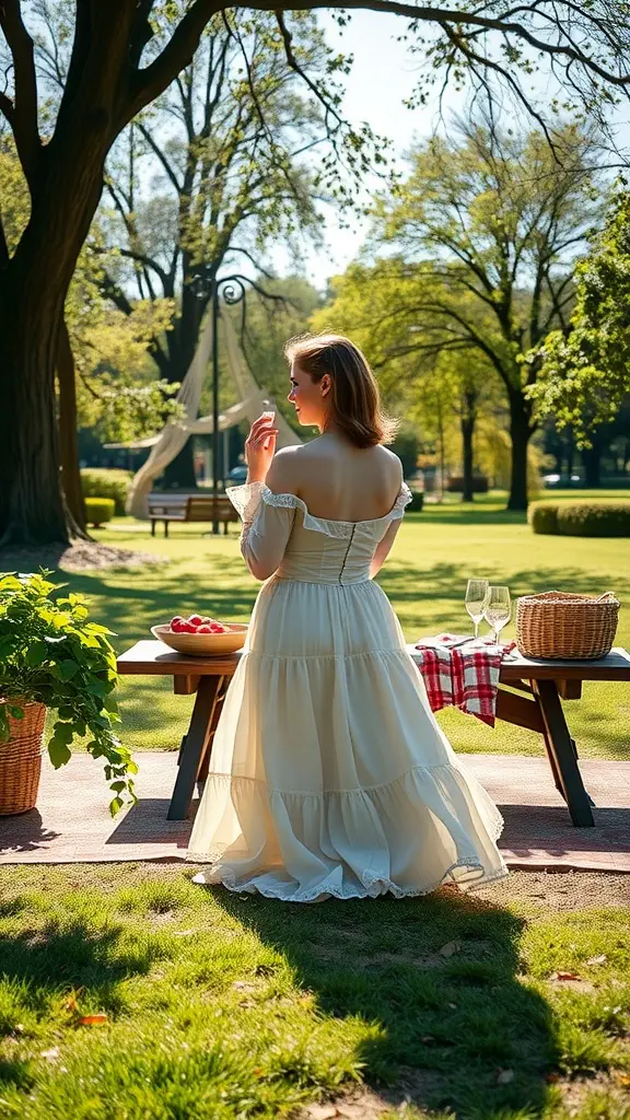 A woman in a flowy off-the-shoulder maxi dress enjoying a picnic in a sunny park.