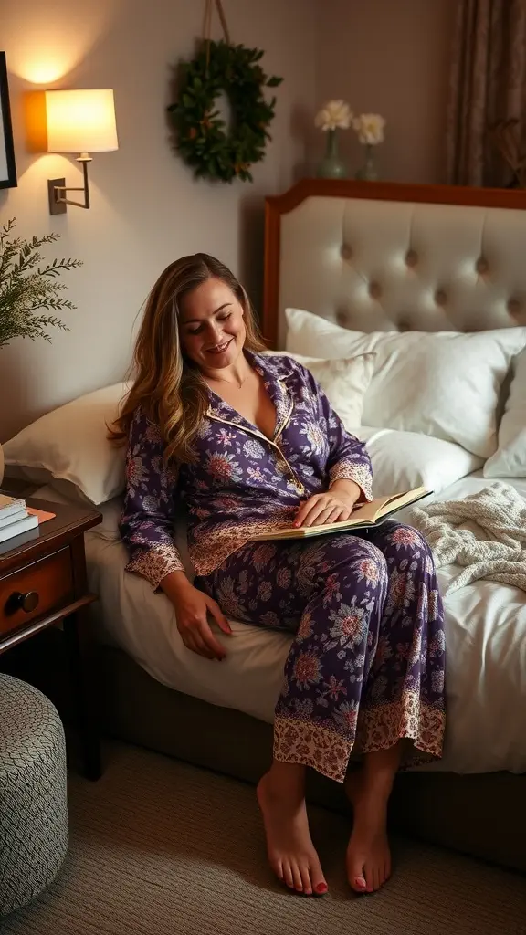A woman sitting on a bed wearing a floral pajama set, reading a book with a relaxed expression.