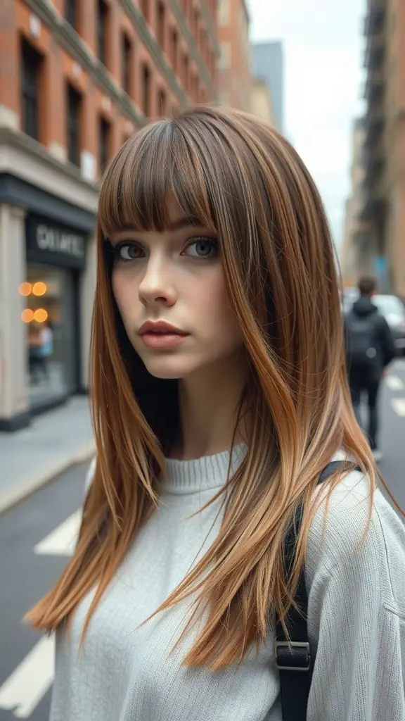 A young woman with long cool ash brown hair and bangs, standing on a city street.