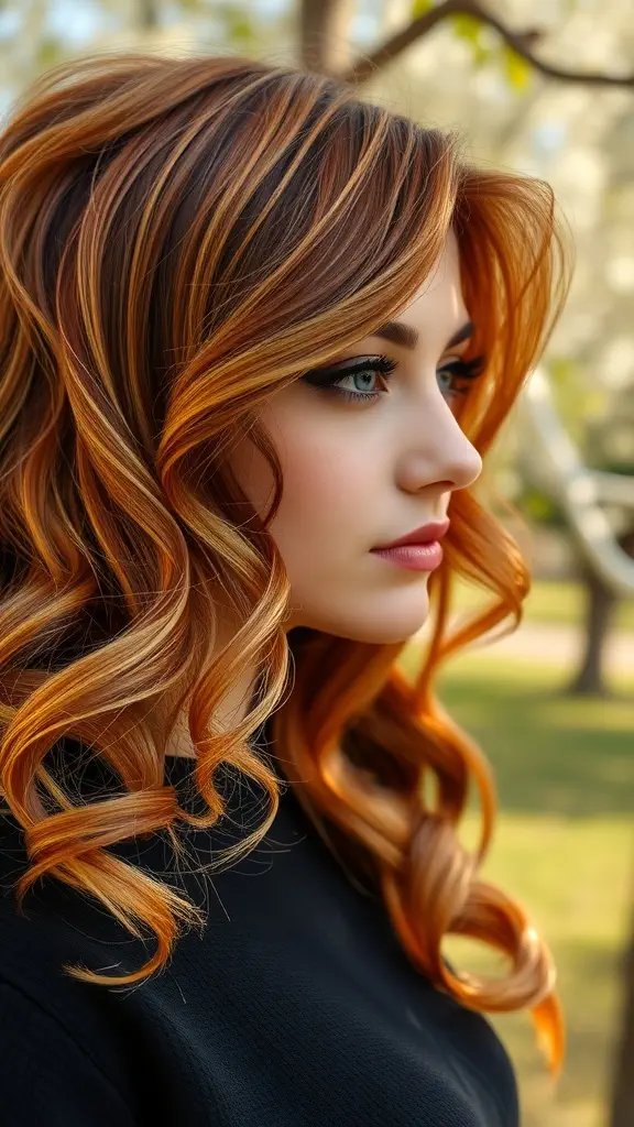 A woman with copper ombre hair styled in soft curls, enjoying a sunny outdoor environment.