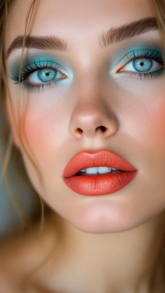 A woman with blue eyes wearing teal eyeshadow and coral lipstick