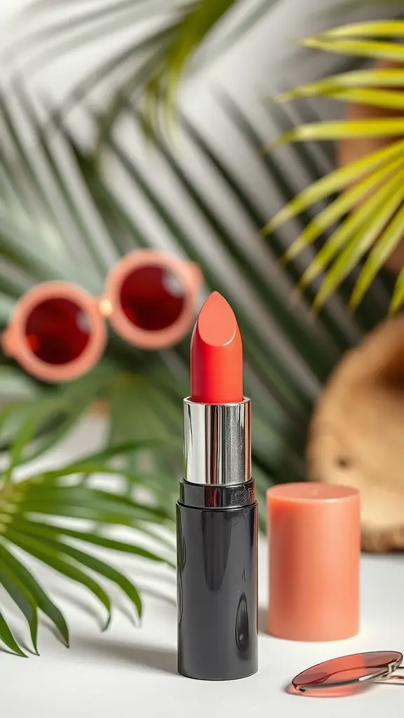 A coral lipstick placed among tropical leaves and sunglasses, representing a summer vibe.