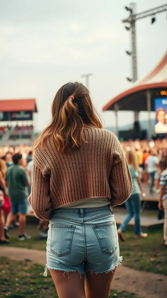 A woman wearing a cropped sweater and high-waisted shorts, standing at a country concert.