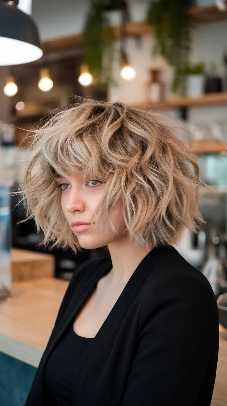 A woman with a curly shag haircut featuring fringe, looking stylish and chic.