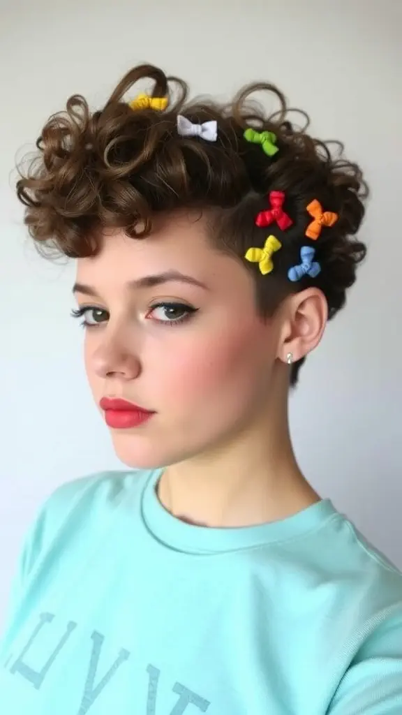 A person with curly short hair adorned with colorful clips.