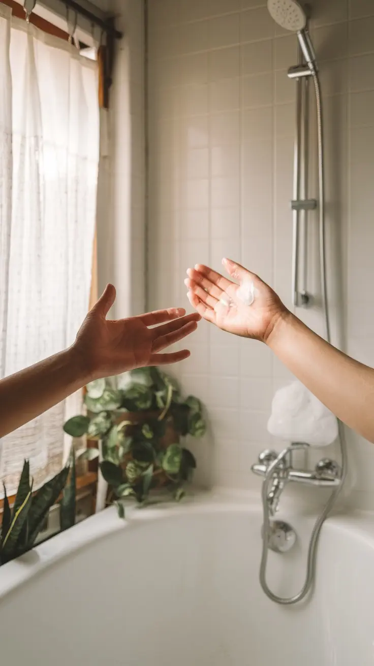 Two hands in a bathroom setting, one holding moisturizer and the other reaching out to receive it.